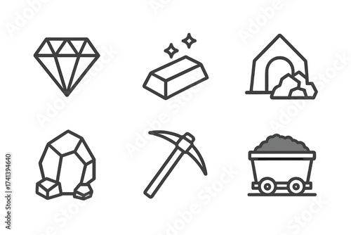 Mining icon set in thin line style. Vector collection of gold bar, diamond, pickaxe, mine entrance, ore rock and coal wagon symbols. Industrial resource extraction concept.