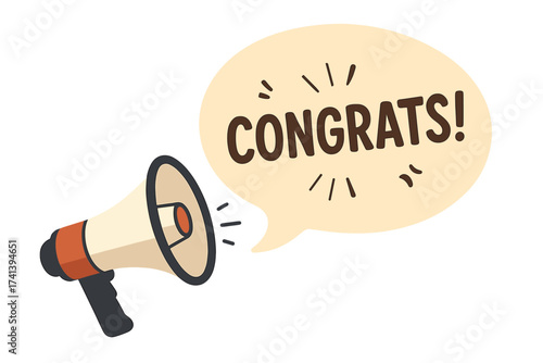 Megaphone with congrats speech bubble. Loudspeaker announcement. Celebration, success, achievement, victory. Congratulations banner for business, marketing. Vector illustration.