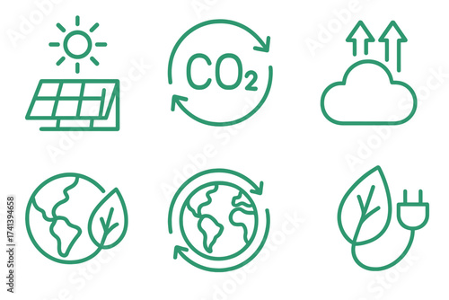 Net zero icon set for web and apps. Green energy, CO2 neutral, and climate change concepts. Vector line art of solar power, sustainable planet, and eco friendly electricity.