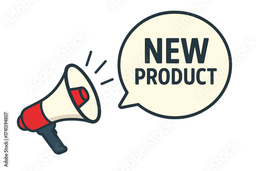 New product announcement with megaphone. Loudspeaker in speech bubble for business, marketing and advertising. Grand opening promotion concept. Vector illustration flat icon.