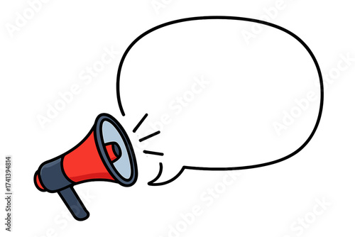 Megaphone with speech bubble for announcement. Loudspeaker for promotion and advertising. Bullhorn icon for important message or news. Marketing vector illustration concept.