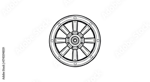 Detailed illustration of a vintage wooden wheel with spokes and metal rim.