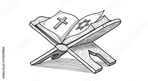 Hand-drawn sketch of an open holy book on a stand with a Christian cross and Star of David.