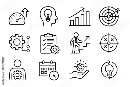 Productivity and efficiency line style icons set, performance indicators, business planning, success, goal achievement, process management, strategy, workflow, vector illustration