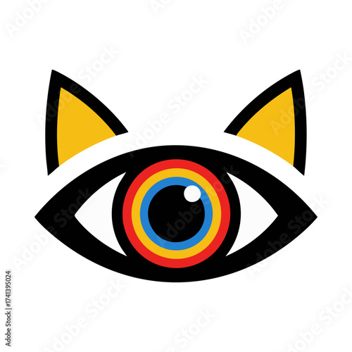 Stylized Cat Eye Illustration with Multicolored Iris and Golden Ears