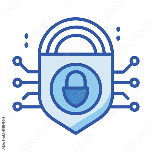 Digital Security Fortress: A modern illustration showcasing a digital shield with a prominent lock icon. Emphasizing the core concept of secure data, protection, privacy, and the digital world.
