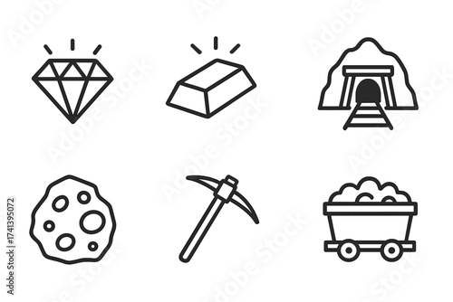Mining industry line icon set. Collection of simple vector symbols. Gold bar, diamond, mine tunnel, ore rock, pickaxe, and coal cart. Natural resource extraction graphics.