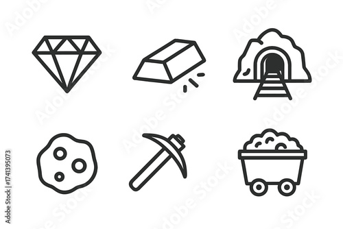 Mining industry line icon set. Diamond, gold bar, mine entrance, ore, pickaxe, and coal cart vector illustrations. Outline symbols for mineral extraction and geology.