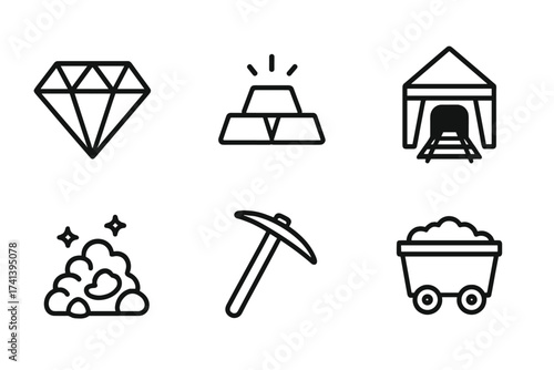 Collection of mining industry web icons. Line art vector graphic set with diamond, gold, mine shaft, ore, pickaxe, and coal cart. Outline symbols for geology and extraction.