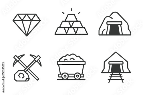 Mining and quarrying line icon set. Includes diamond, gold bullion, mine entrance, pickaxe, ore, and coal cart. Vector symbols for mineral extraction industry and geology.