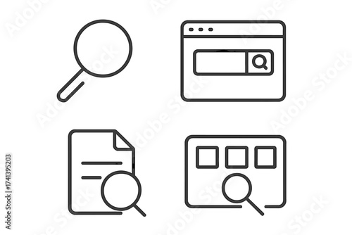 Set of search web icons in line style with magnifying glass, web search, document find, interface elements, vector illustration, transparent background, ordered collection, digital design assets