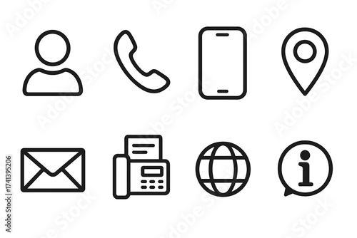 Set of Business Card Icons with Name, Phone, Mobile, Location, Mail, Fax, Web, Contact Us, Information, Communication Symbols, Vector Illustration, Transparent Background
