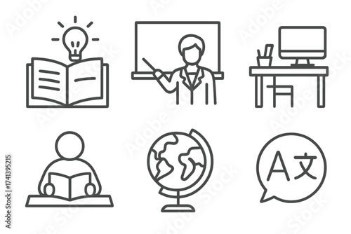 School Education Icons Line Style, Knowledge Study Symbols, Teacher with Classroom, Student Reading, Earth Globe, Language Translation Speech Bubble, Vector Collection with Transparent Background