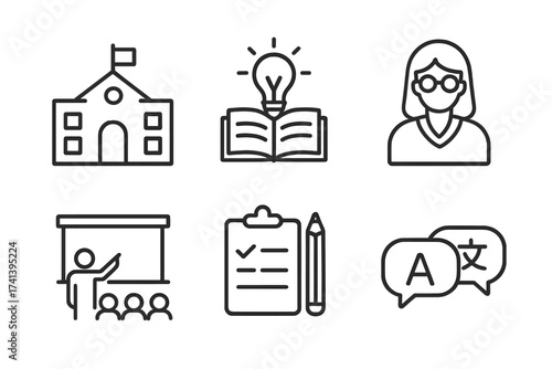 School and Education Line Icons Set Featuring Knowledge, Teacher, Classroom, Study, Language, Learning Concepts, Teaching Tools, Communication, and Evaluation Elements Vector Illustration