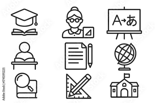 Education and School Icons Collection in Line Style, Including Teacher, Classroom, Study, Language Learning, Knowledge Symbols, Globe, Graduation, and Writing Tools Vector Set