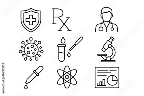 Set of Medical Specialties Web Icons in Line Style, Medicine Symbols RX Doctor Virus Testing Lab Scientific Discovery, Infographic Collection Vector Illustration