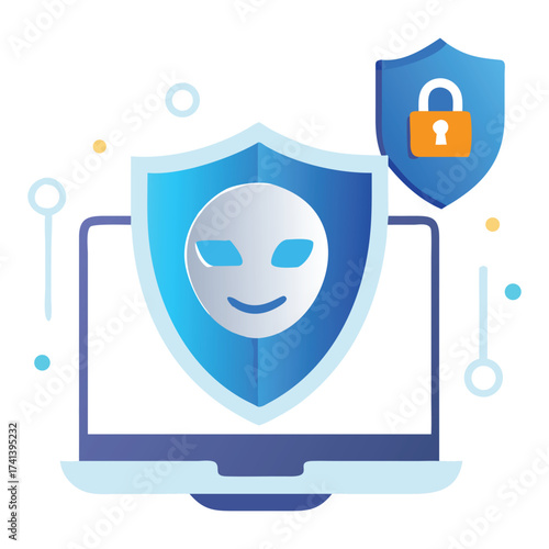 Digital Security Shield: A computer screen, displaying a protective shield symbol and lock, safeguarding against digital threats and signifying data security. 