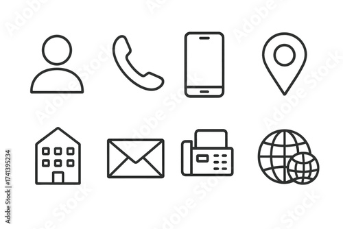 Business card icon set with name, phone, mobile, location, mail, fax, web symbols. Contact info and communication vector illustration for corporate, office, and marketing designs