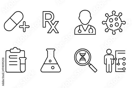 Medical specialties icon set in line art style, medicine symbols including pill, RX prescription, doctor silhouette, virus, lab testing clipboard, scientific discovery, DNA research vector collection