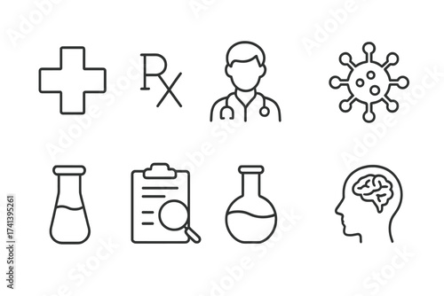 Medical Specialties Web Icons Set in Line Style, Medicine Symbols Including RX Prescription, Doctor, Virus, Testing, Lab Flask, Scientific Discovery Infographic Collection Vector Illustration