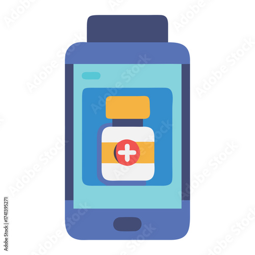 Digital Medication Reminder: An eye-level shot of a modern smartphone displays a medicine bottle with a plus symbol. This image showcases a mobile app that helps remind people to take medication.