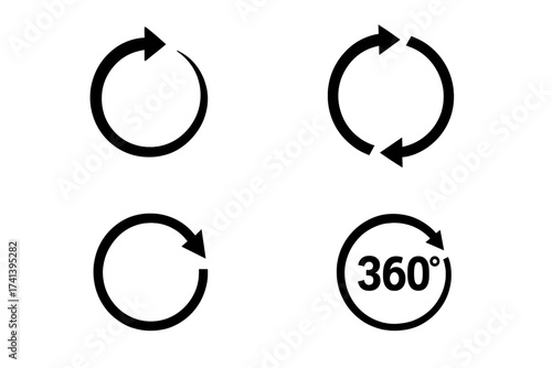 Set of 360 degree rotation vector circle icons with arrows, isolated vector design elements for panoramic views, rotation symbols, full circle loop and continuous spin signs