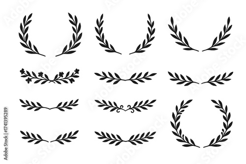 Set of Black Laurel Branches Collection, Vintage Hand-Drawn Laurel Wreaths and Leaf Ornaments, Floral Divider Swirls, Award Symbols, Elegant Botanical Vector Elements
