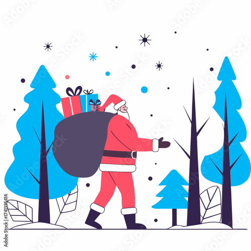 Traditional Santa Claus braving a gentle snowstorm carrying his signature red sack of gifts through a wintry landscape with pine trees and stars, nostalgic classic Christmas holiday vector illustratio