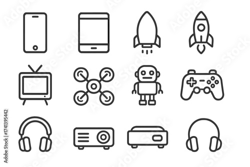 Tech gadgets web icons set in modern line style including smartphone, tablet, laptop, rocket startup, TV, drone, robot, game controller, VR headset, headphones, projector vector collection
