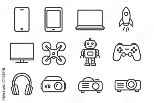 Modern tech gadgets line icons set with smartphone, tablet, laptop, drone, robot, TV, VR headset, game controller, headphones, projector, startup technology collection vector illustration