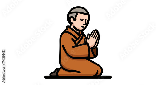 Monk in prayer kneeling with hands clasped in devotion.