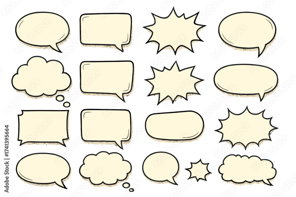 Obraz premium Big set of retro comic speech bubbles. Empty hand-drawn vector doodle dialogue balloons and thought clouds. Pop art message stickers. Chat box and explosion burst shapes.