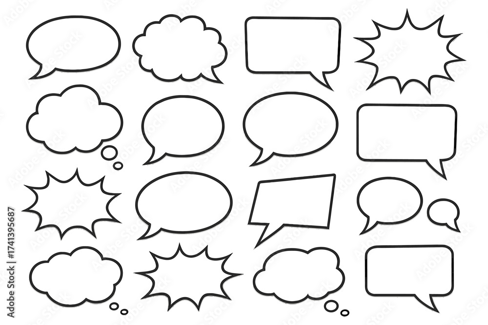 Fototapeta premium Big set of black and white speech bubbles. Retro empty comic book bubbles and thought clouds collection. Vector chat, message and dialogue balloon sticker elements.