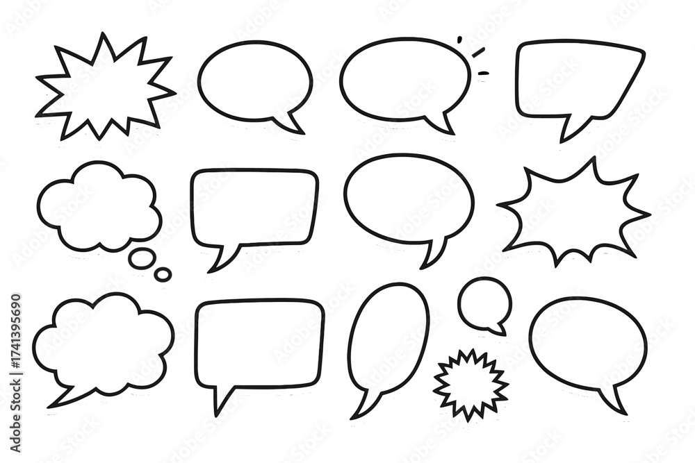 Obraz premium Big set of speech bubbles. Retro empty comic bubbles and thought clouds. Cartoon dialogue balloon stickers. Communication vector illustration. Message and quote box doodle set.