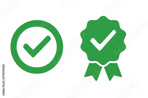 Approved icon set vector. Green approval sign with check mark. Certified or accepted symbol. Quality guarantee checkmark badge. Verified validation concept illustration.