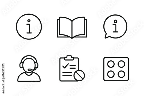 Web info icons in line style, information symbols, manual guide, online help, info center, instruction signs, rules collection, support headset, checklist, pill blister, vector illustration