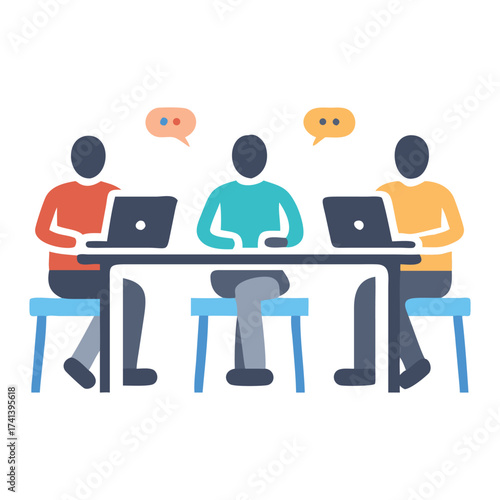 Digital Gathering: A group of three individuals sit at a table, engrossed in their laptops, while speech bubbles float above their heads, hinting at a lively dialogue.
