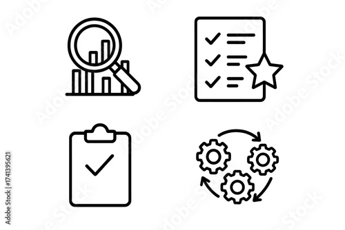 Web assessment icons in line style, quality analysis, performance evaluation, process checklist, gears workflow, business efficiency, transparent background vector set