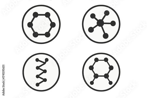Set of molecule badges, hexagonal and connected molecular structures, DNA diagrams, medical icons, chemistry and science vector illustration, abstract molecular network symbols
