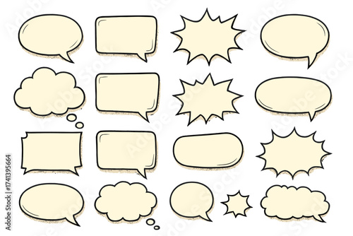 Big set of retro comic speech bubbles. Empty hand-drawn vector doodle dialogue balloons and thought clouds. Pop art message stickers. Chat box and explosion burst shapes.