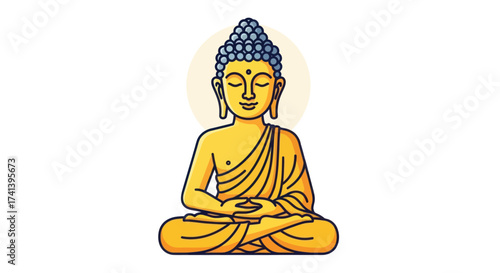 Cartoon Illustration of a Meditating Golden Buddha Figure.