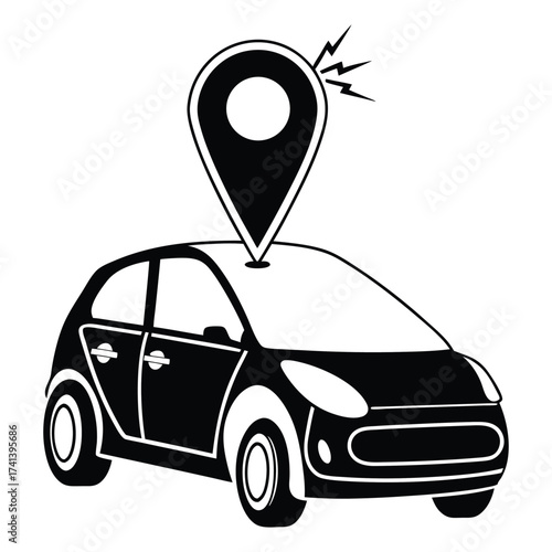 GPS Tracking Car: An illustrative representation of a car with a prominent GPS location pin overhead, symbolizing real-time tracking and connectivity, with signal transmission.