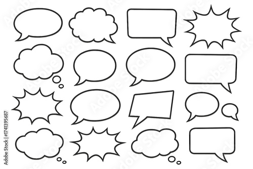 Big set of black and white speech bubbles. Retro empty comic book bubbles and thought clouds collection. Vector chat, message and dialogue balloon sticker elements.