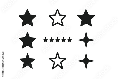 Set of modern black star icons, rating stars collection, simple vector star shapes, transparent background, minimalist star designs for ratings and reviews