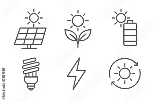 Solar energy icons set in modern line style with solar panel, green leaf, battery, renewable power, energy-saving bulb, electric spark, and sustainable energy cycle vector illustration