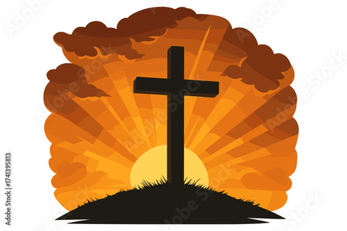 Christian religious design for Easter. Saviour cross on a hill at dramatic sunrise. He is risen concept. Resurrection of Jesus Christ. Crucifixion symbol. God's light. Vector.