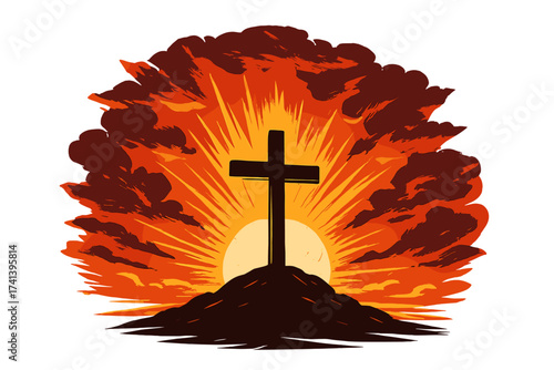 He is risen Easter vector illustration. Cross silhouette on a hill with sunrise sky. Christian religious background. Resurrection of Jesus. Symbol of salvation, faith, hope. Good Friday.