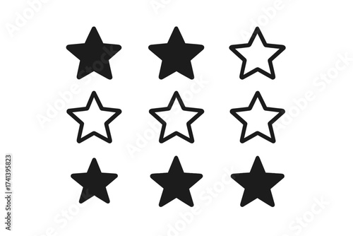 Set of modern black star icons, rating stars vector collection, simple filled and outline star shapes, graphic elements for rating, review, award symbols, transparent background
