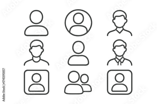 User web icons in minimal line style profile avatars set, male user interface logos, simple head and shoulders illustrations with transparent background, ordered collection for design