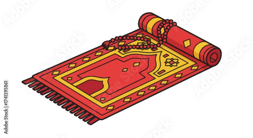 Red Islamic Prayer Mat with Tasbih Beads Partially Rolled Traditional Design.